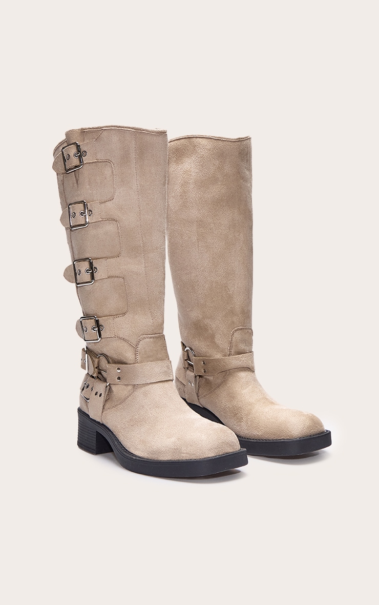 Bottes hautes rondes en suédine crème à boucles multiples style harnais image 2
