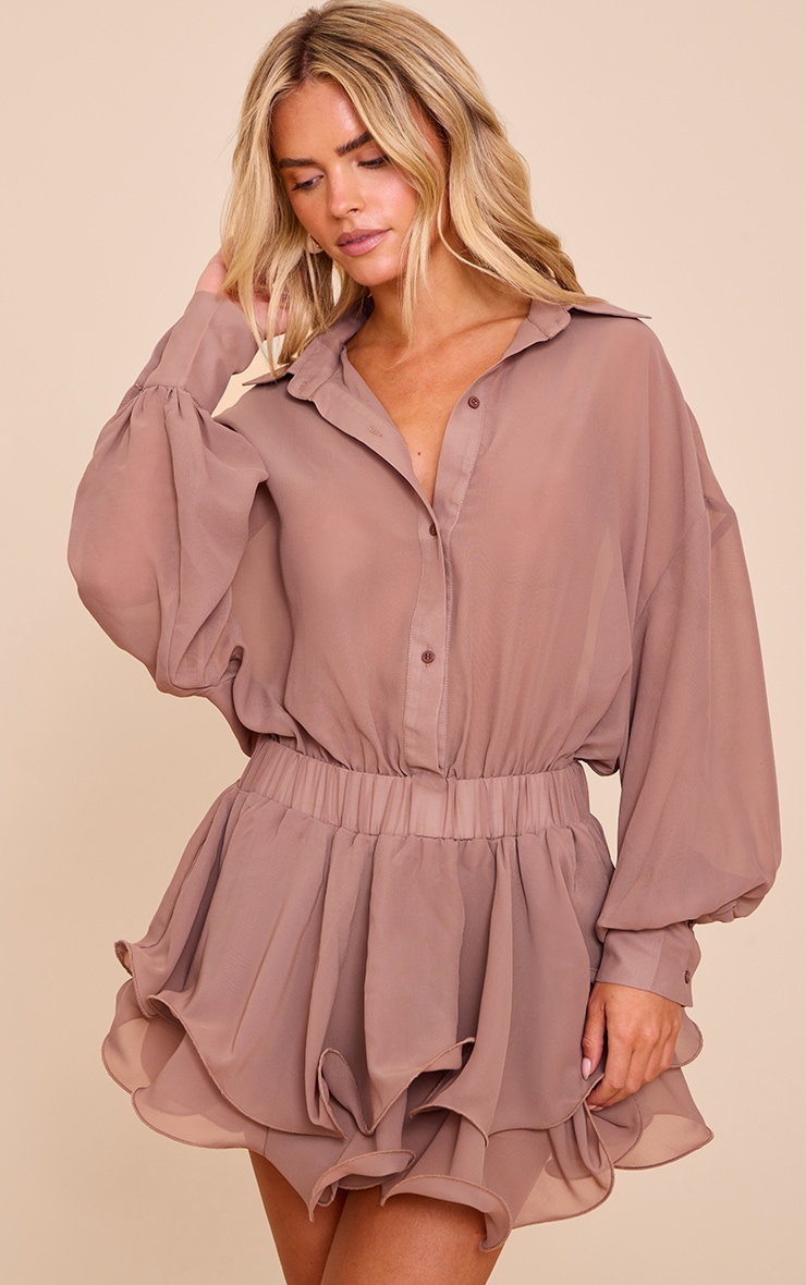 Petite Mini robe en mousseline de soie taupe à manches longues image 1