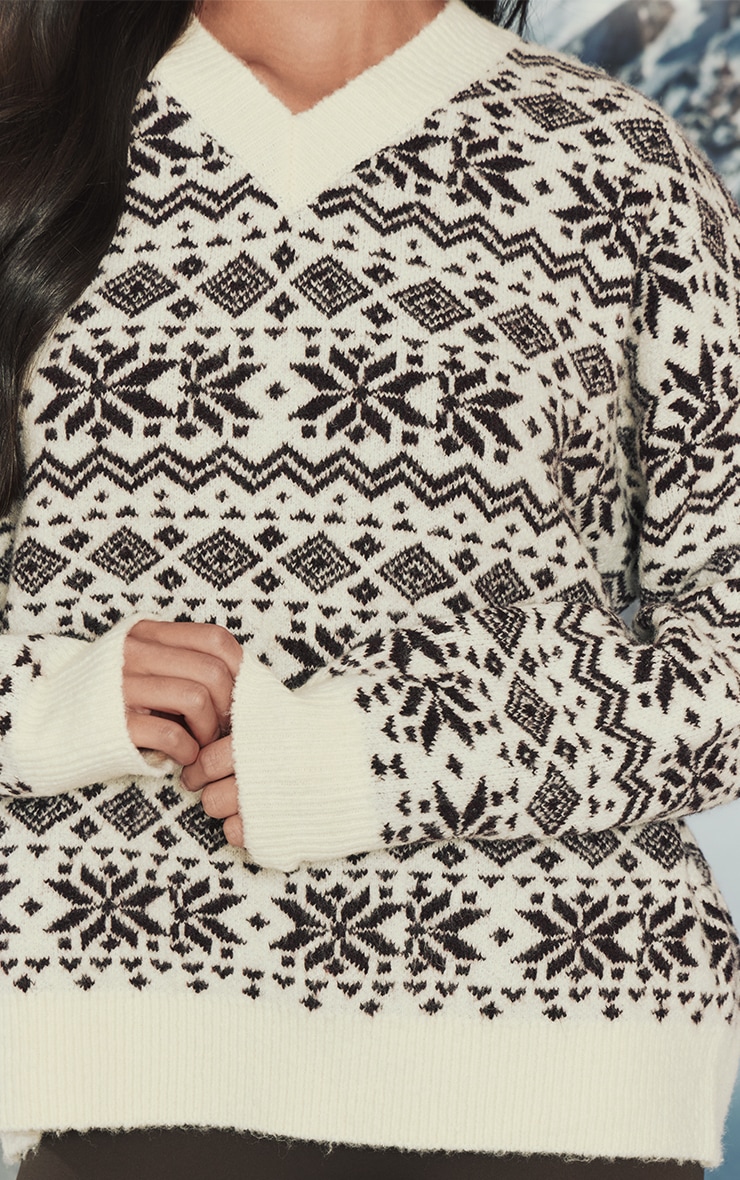 Cream V Neck Fairisle Sweater image 4