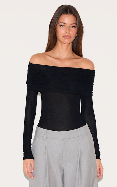 Black Sheer Soft Touch Fold Over Detail Bardot Long Sleeve Top