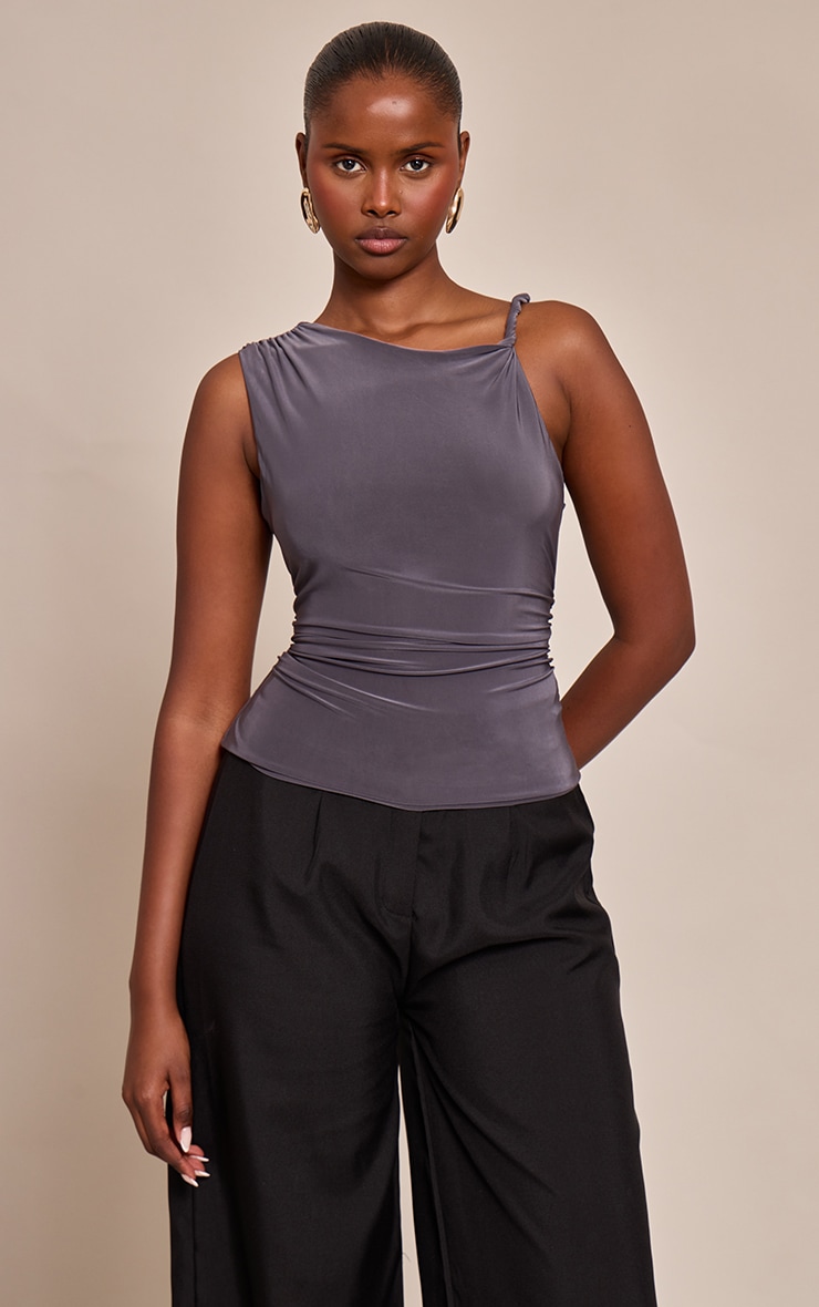 Charcoal Double Layer Twist Shoulder Detail Long Top image 1