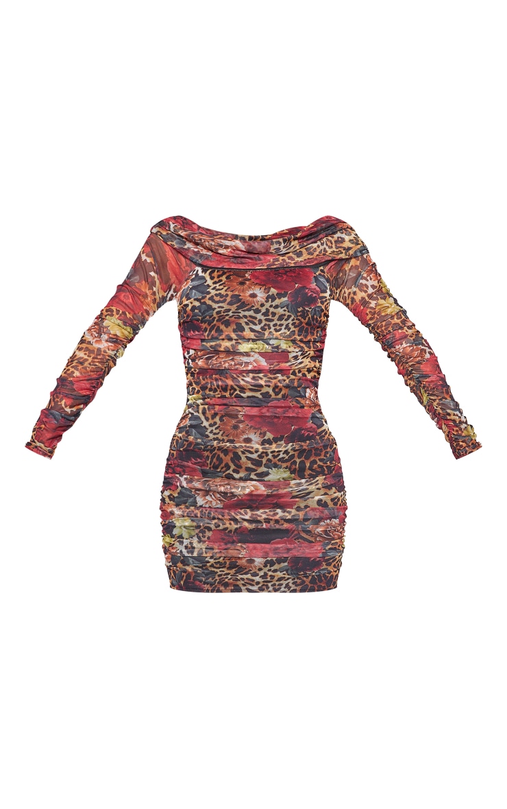 Multi Mixed Floral Chiffon Long Sleeve Ruched Mini Dress image 5