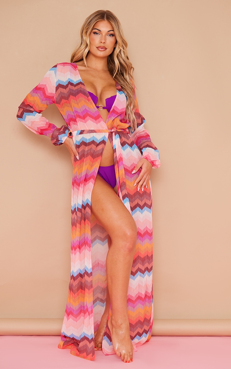 Multi Wave Print Tie Waist Beach Kimono image 1