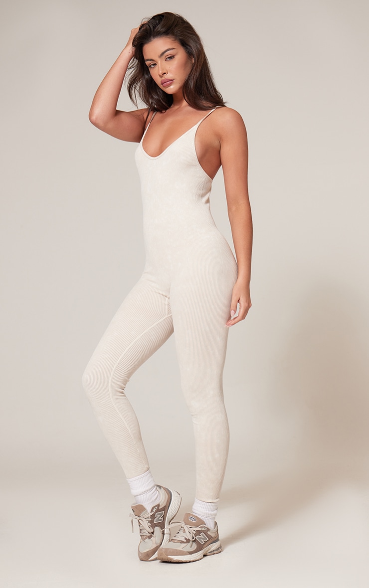 Cream Faded Snatched Rib Strappy Scoop Back Jumpsuit image 1