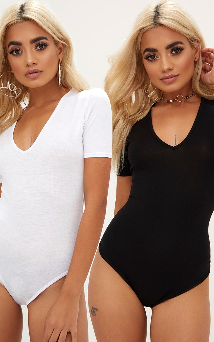 Basic Black & White V Neck Shortsleeve Thong Bodysuit 2 Pack