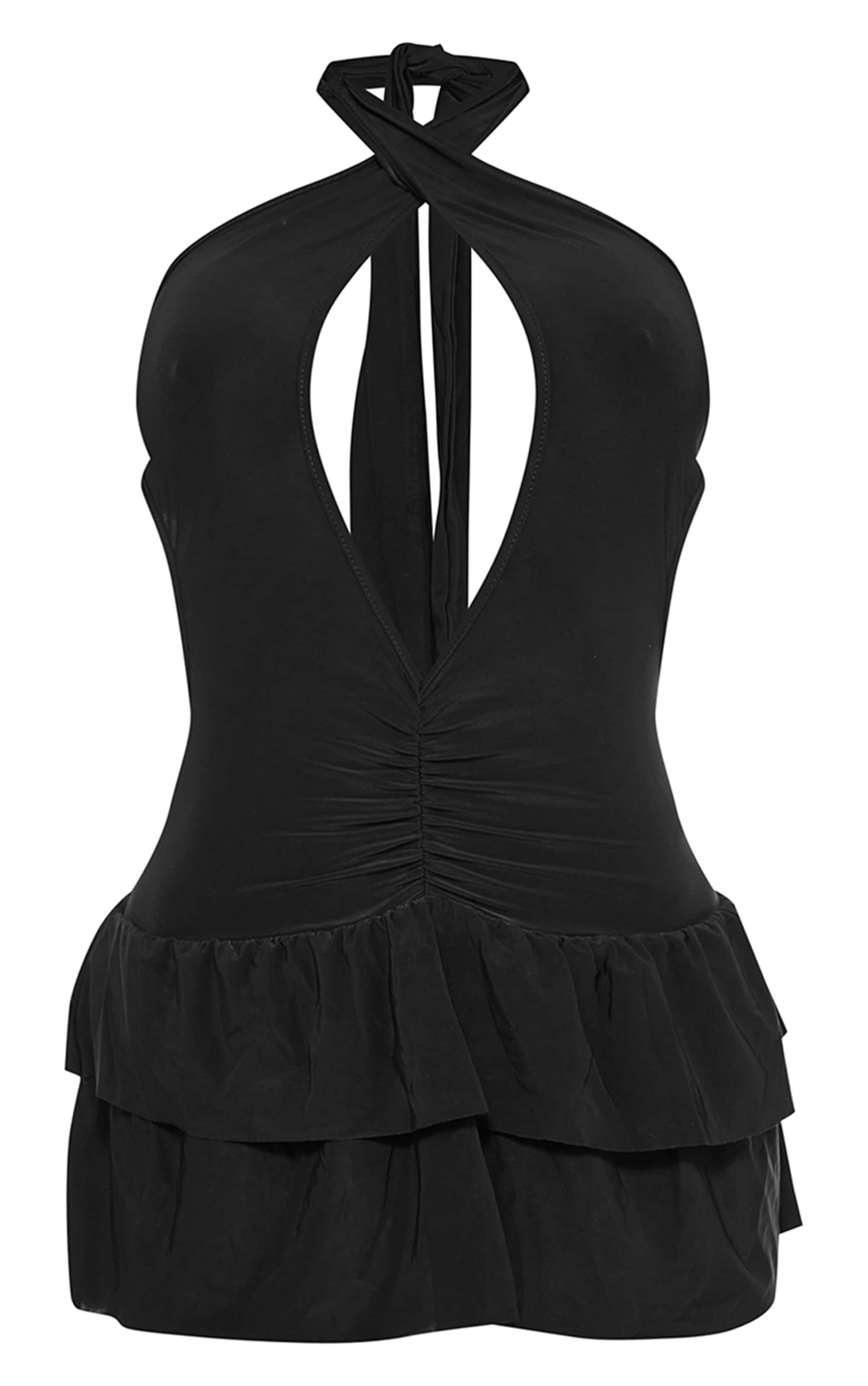 Black Slinky Ruched Halterneck Skort Romper image 1