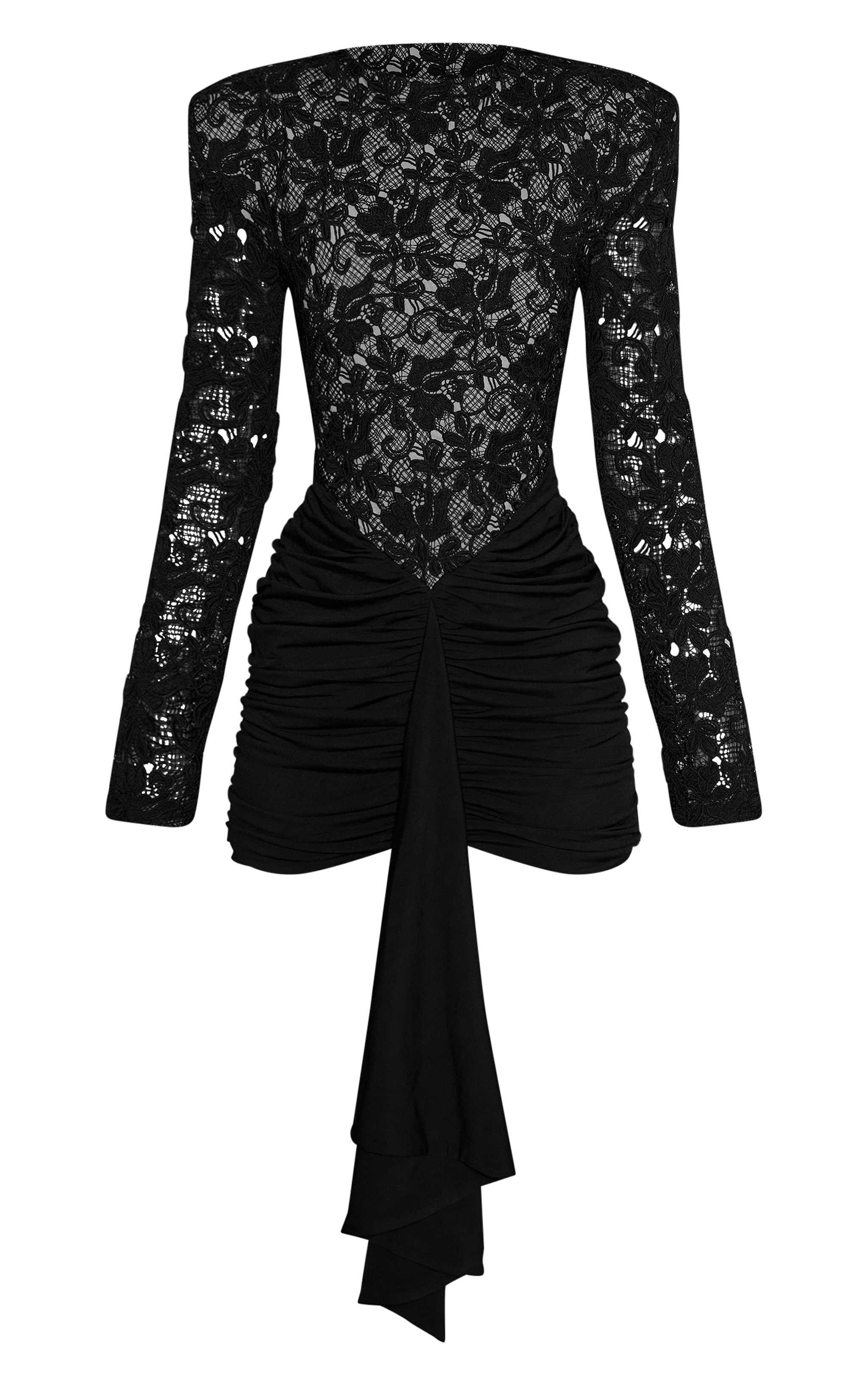 PLT Label Black Lace Extreme Shoulder Ruched Slinky Bodycon Dress image 5