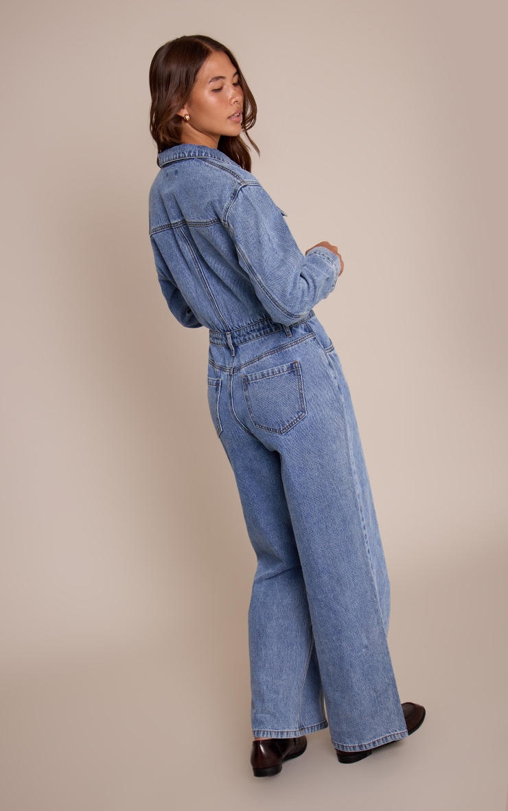 Mid Blue Contrast Stitch Long Sleeve Denim Jumpsuit image 2