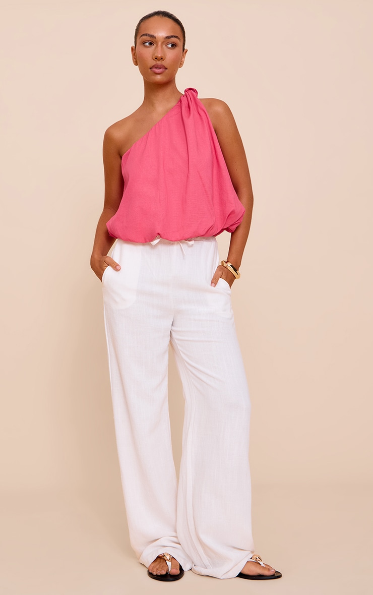 Pink Stretch Woven Knot Detail One Shoulder Puffball Top image 3