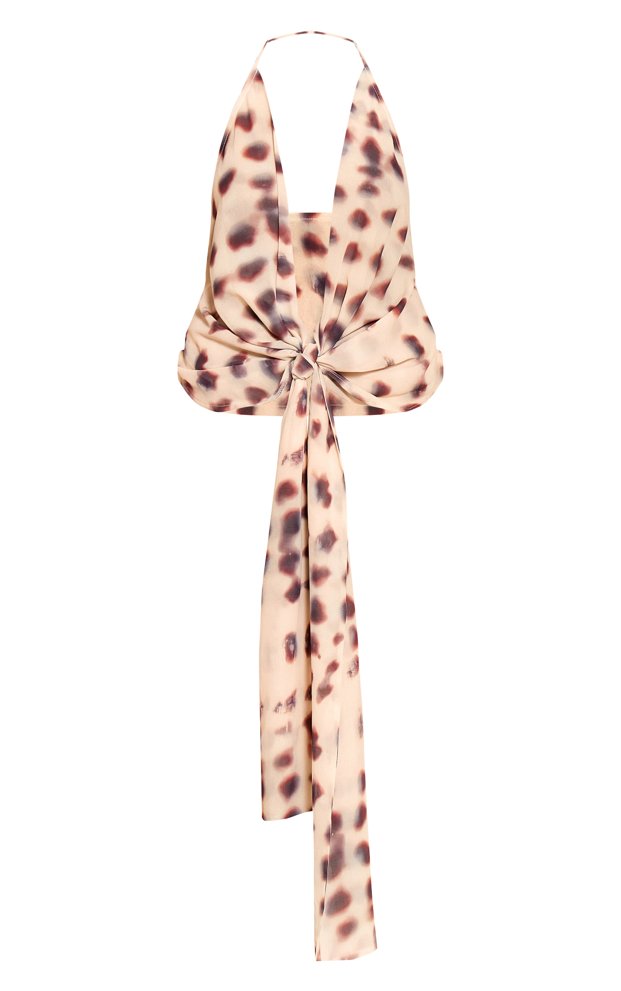 Cream Shell Print Chiffon Draped Tie Detail Halter Neck Long Top image 5