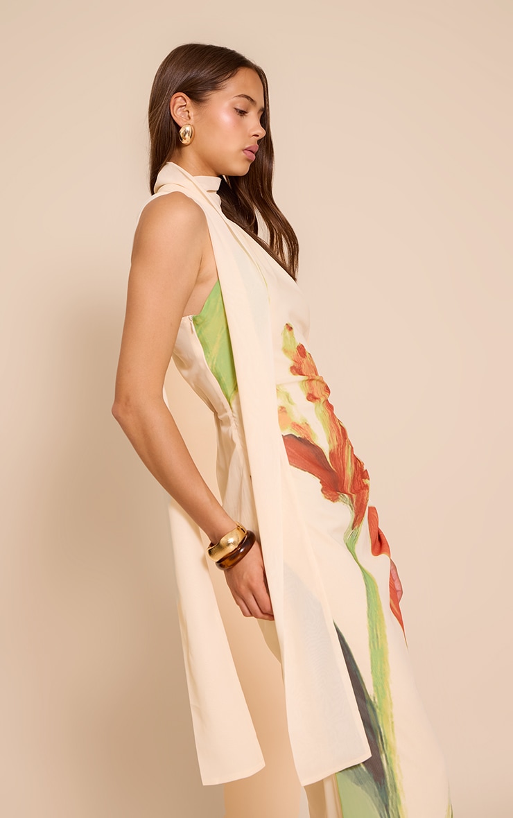 Robe longue en mousseline de soie crème fleurie à col montant image 4