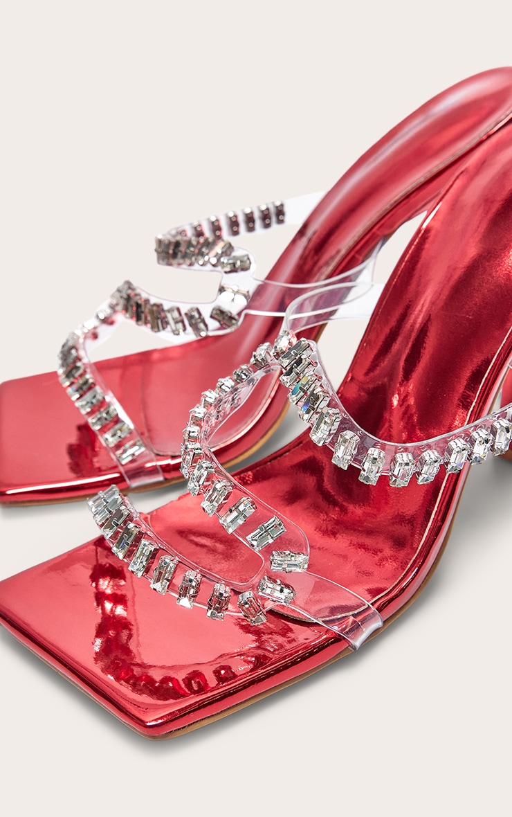 Red PU Wide Fit Metallic Square Toe Diamante Strap Heeled Mules image 4