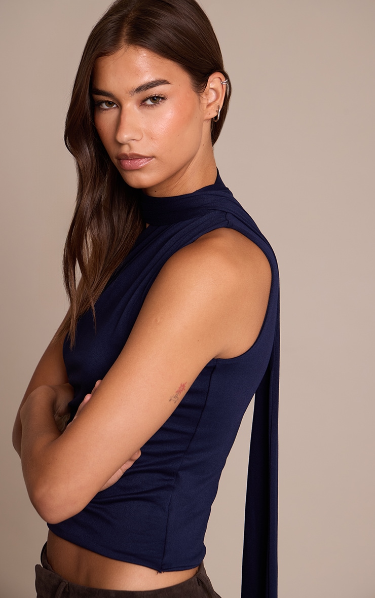 Navy Double Layer Soft Touch Scarf Detail Long Top image 4
