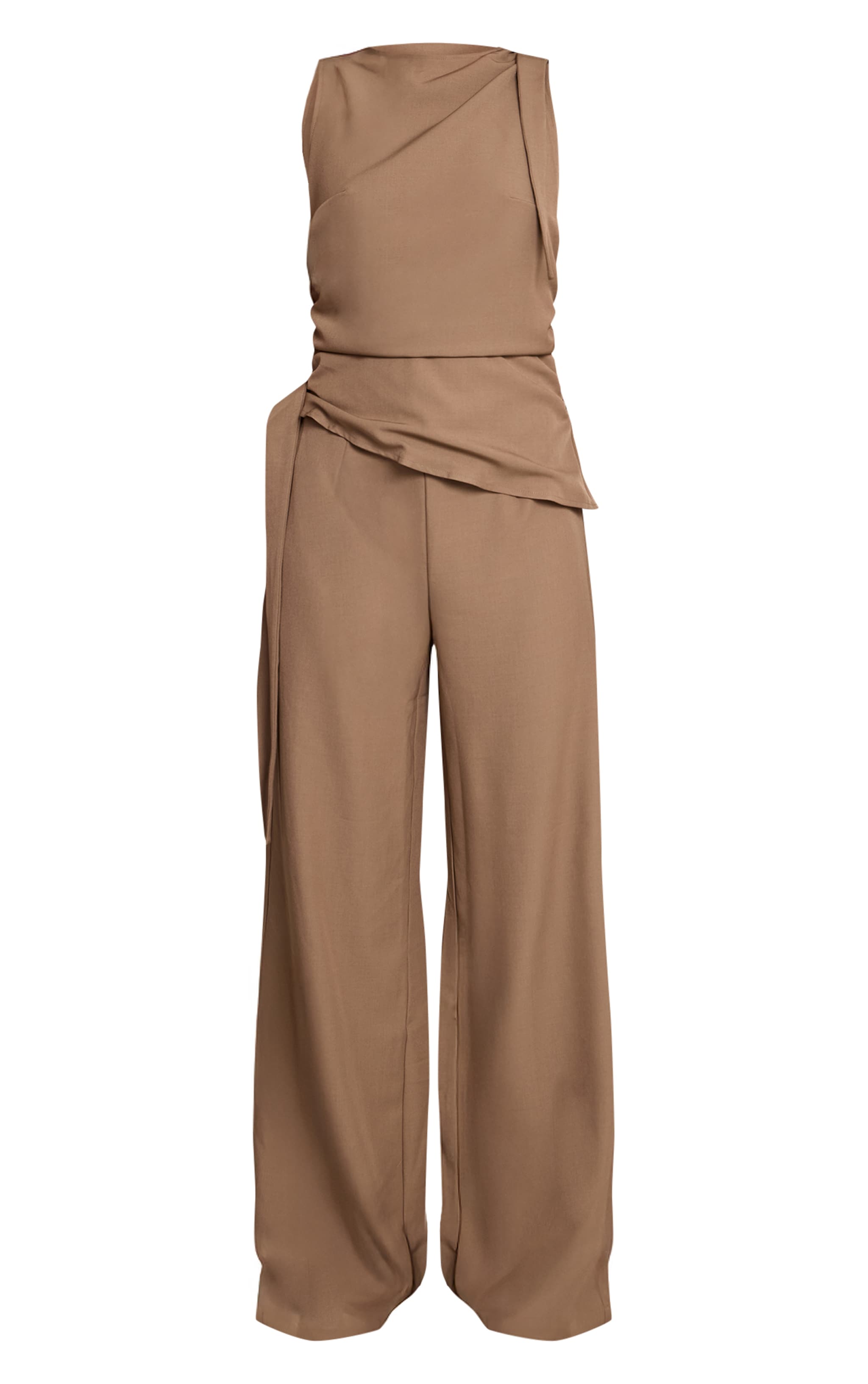 Dark Mocha Woven High Neck Ruched Wide Leg Jumpsuit image 5