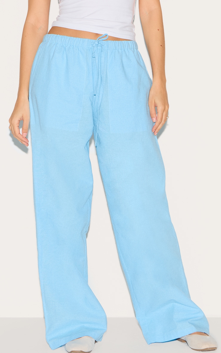 Pantalon en coton et effet lin mélangés bleu clair à cordons ajustables image 2