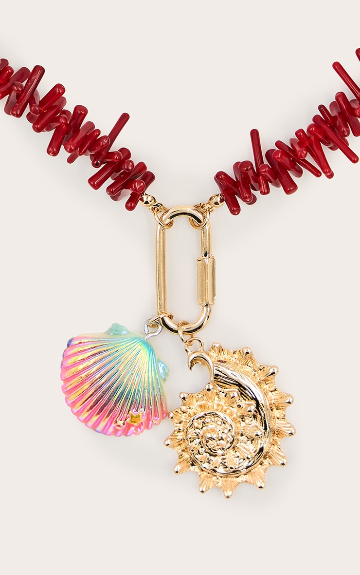 Red Beaded Shell Pendant Necklace image 3