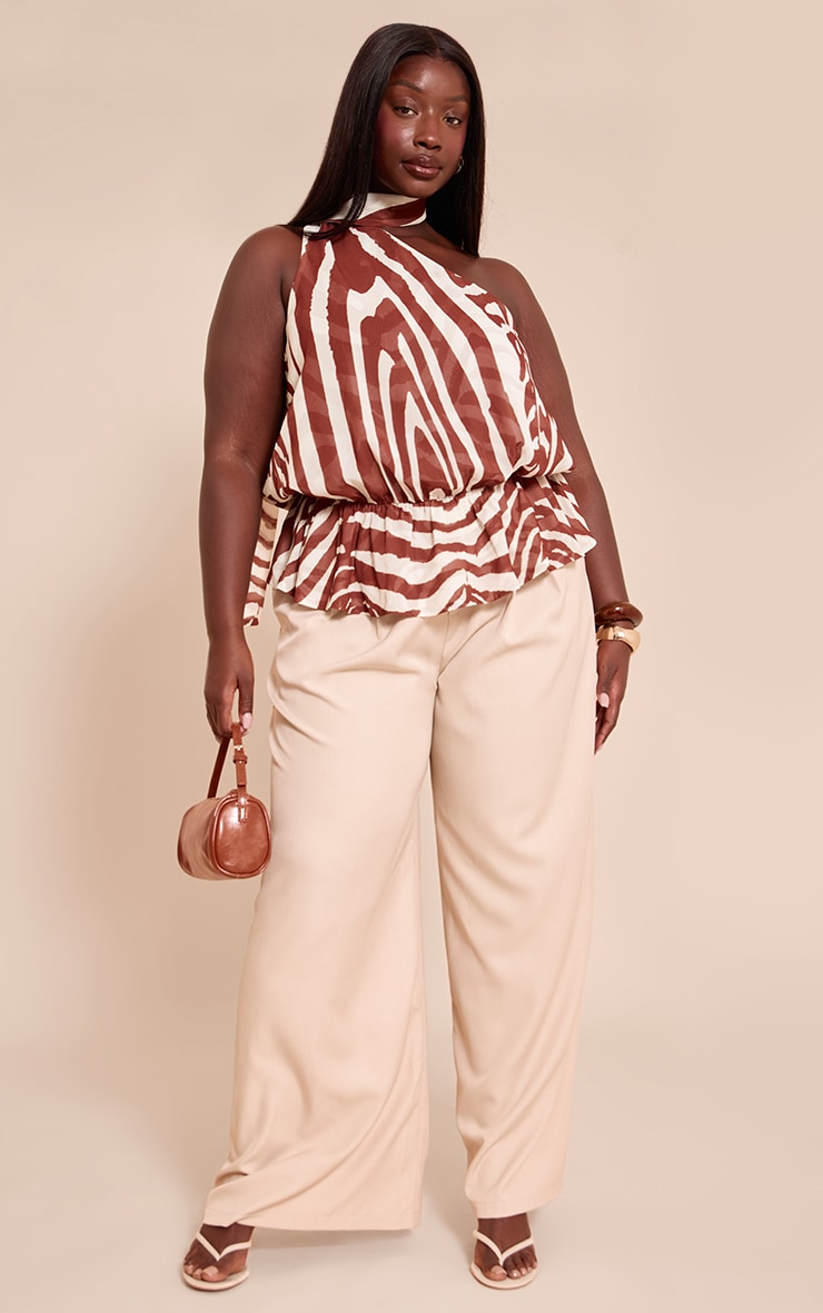 Plus Zebra Sheer One Shoulder Flowy Ruched Long Top image 3