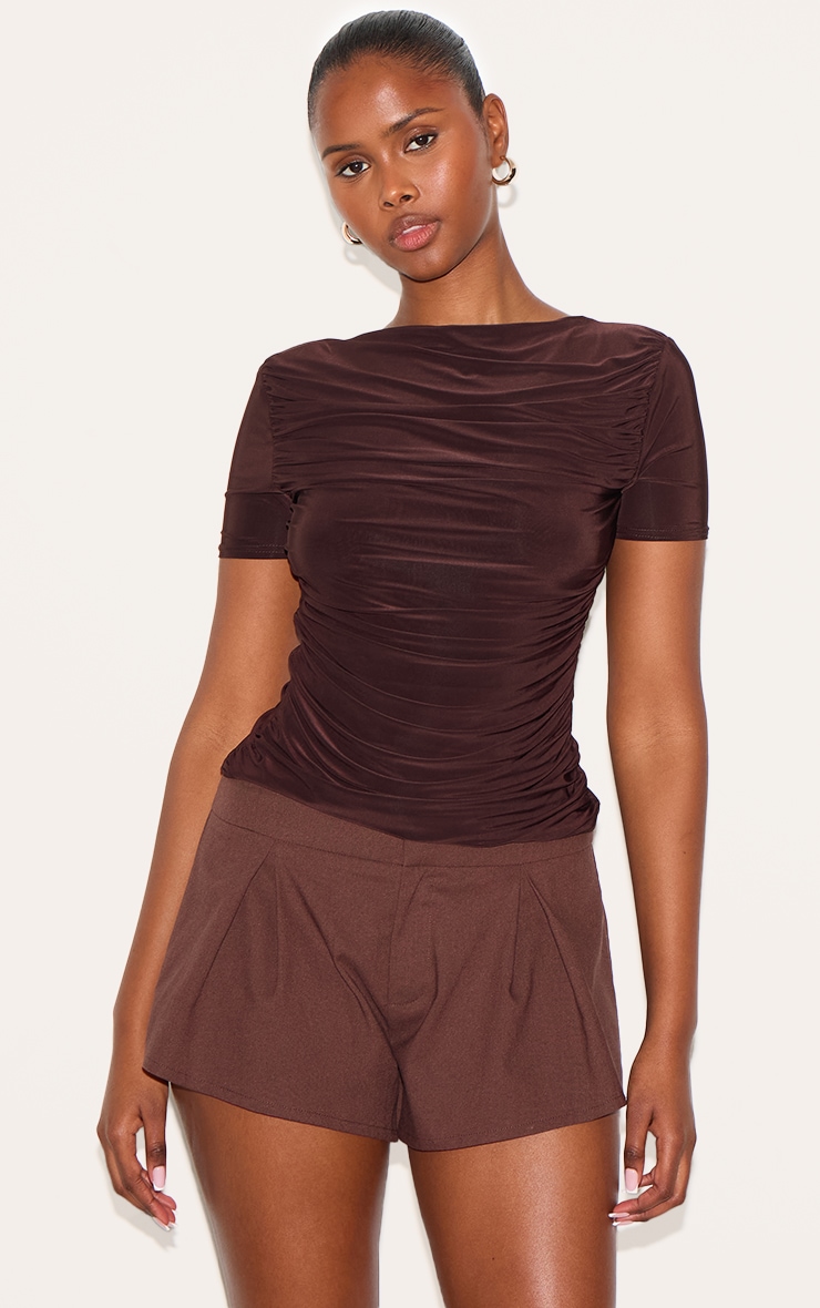 Chocolate Linen Blend Pleat Detail Tailored Shorts image 4