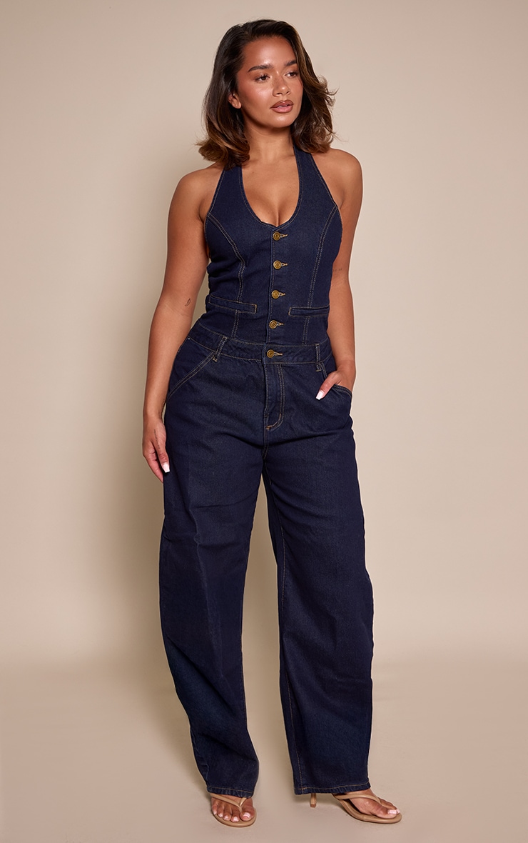 Shape Indigo Halterneck Baloon Leg Denim Jumpsuit
