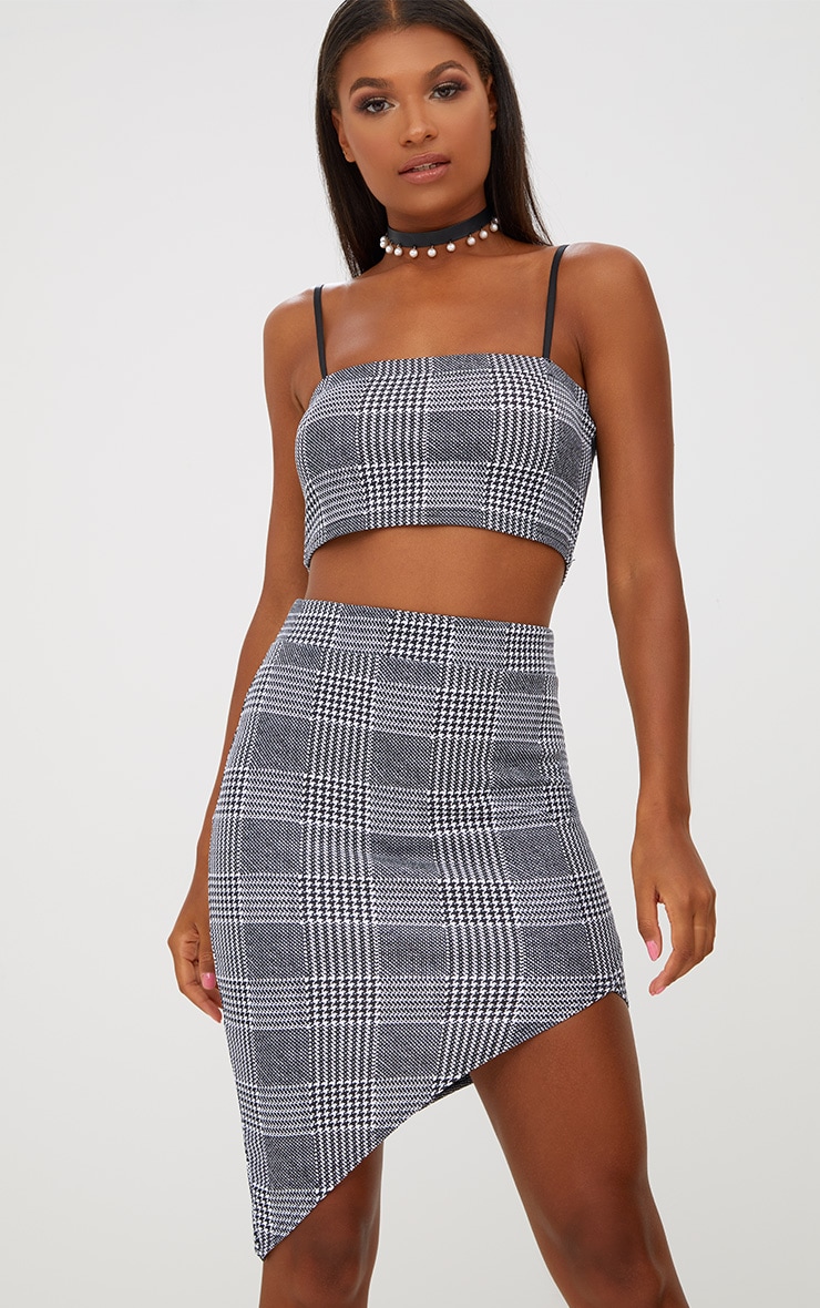 Black Check Asymmetric Hem Midi Skirt. Skirts PrettyLittleThing