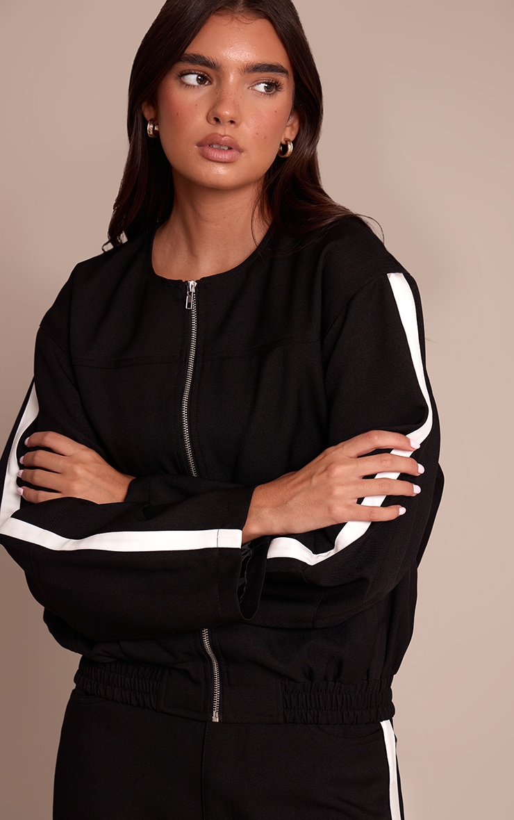 Black Striped Tailored Woven Elasticated Waist Bomber Jacket image 4