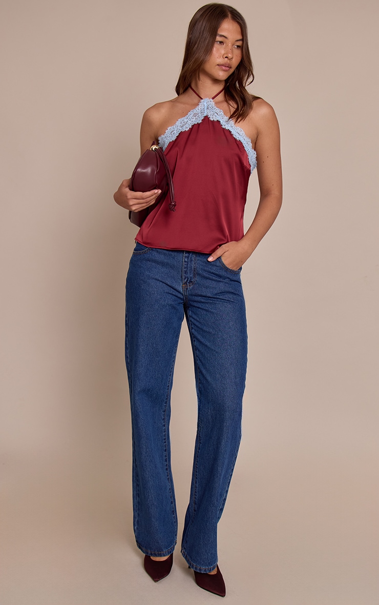 Burgundy Satin Contrast  Lace Trim Halterneck Cami Top image 3