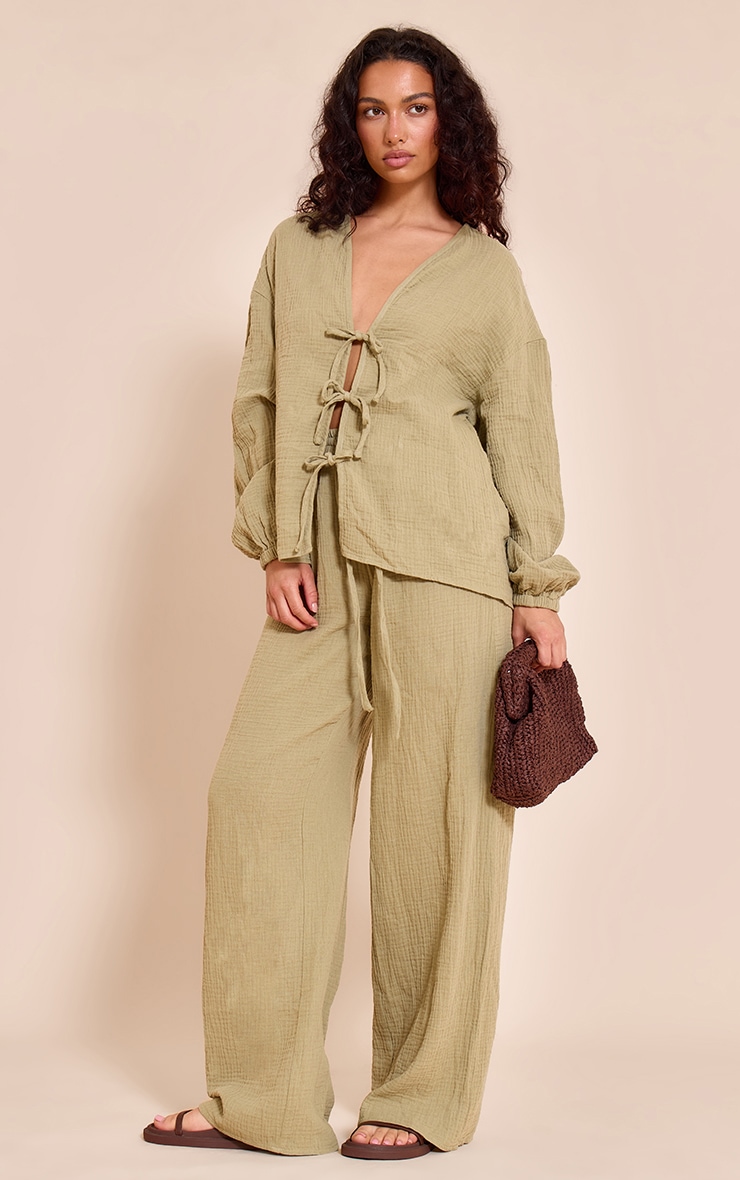 Khaki Cheesecloth Textured Tie Front Shirt image 3