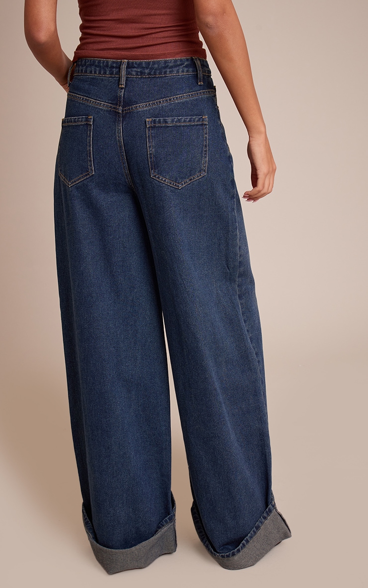 Tall Dark Indigo Mid Rise Turn Up Wide Leg Jeans image 3