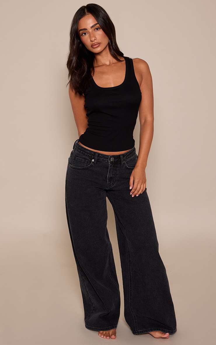 Washed Black Mid Rise Stretch Wide Leg Jeans