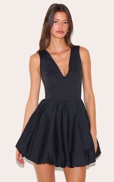 Black Tailored V Neck Puffball Mini Dress