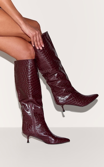 Burgundy Croc PU Point Toe Low Heel Knee High Boots