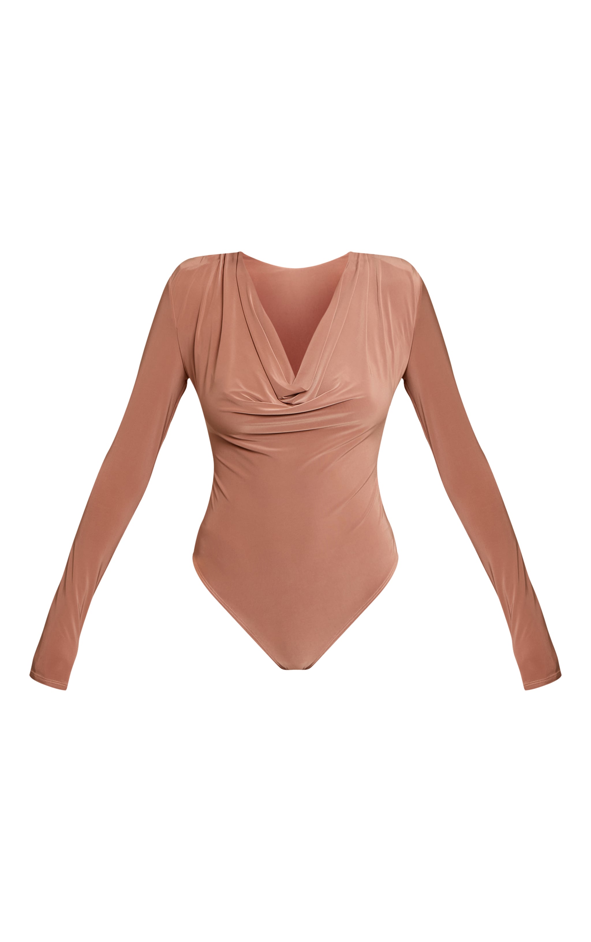 Tan Double Layer Slinky Cowl Neck Long Sleeve Bodysuit image 5