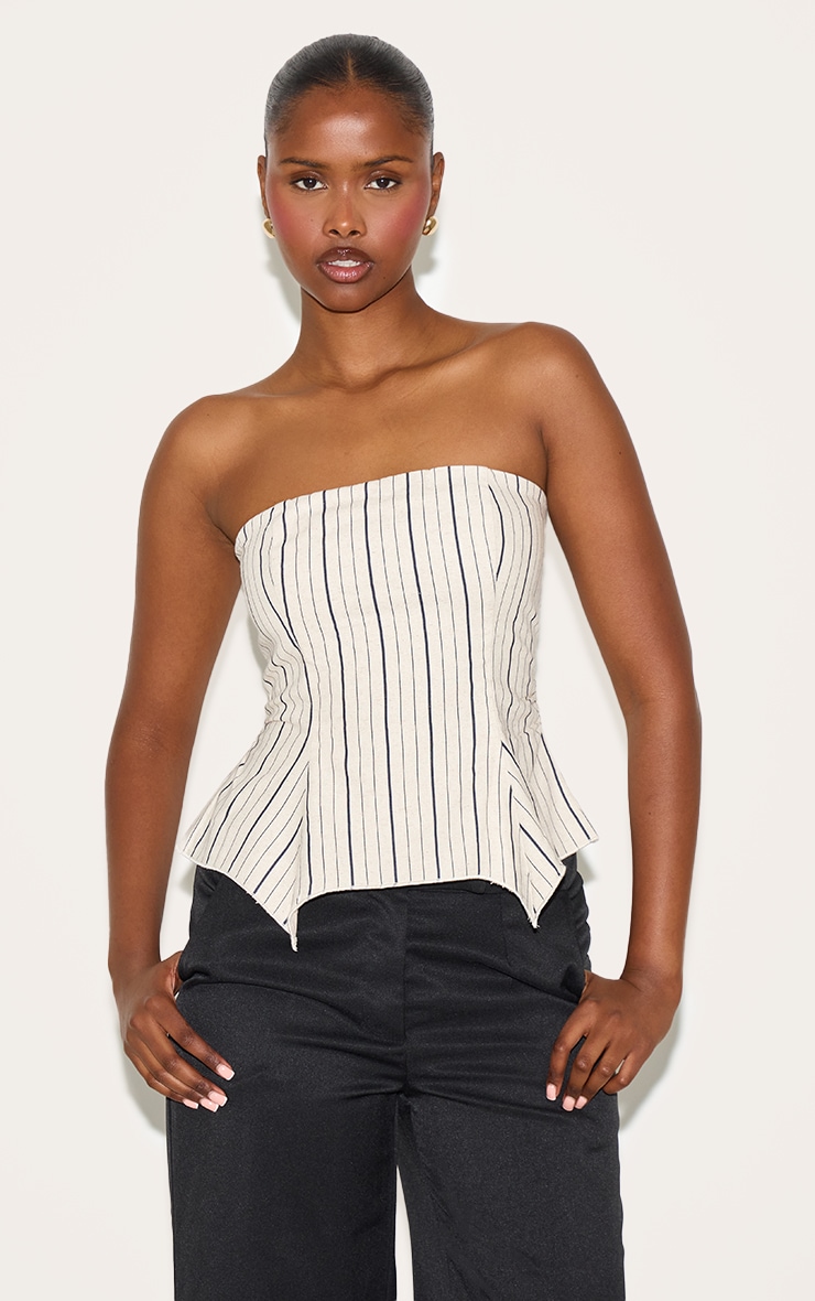 Sand Striped Linen-Blend Peplum Bandeau Top image 1