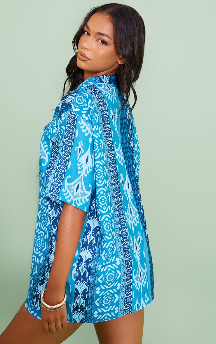 Blue Abstract Print Button Up Beach Shirt PrettyLittleThing