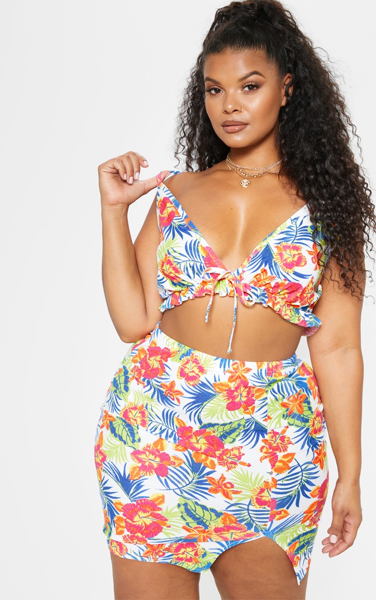 Plus White Tropical Print Frill Detail Strappy Crop Top