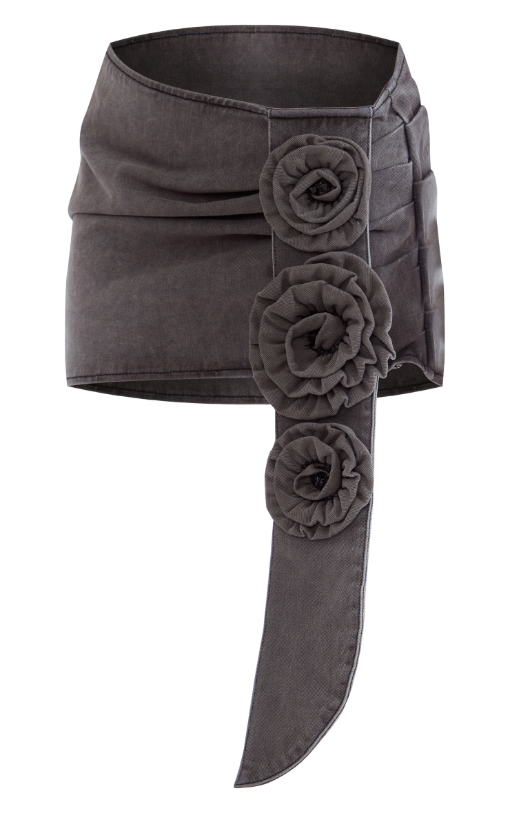 Petite Washed Black Rose Detail Denim Mini Skirt