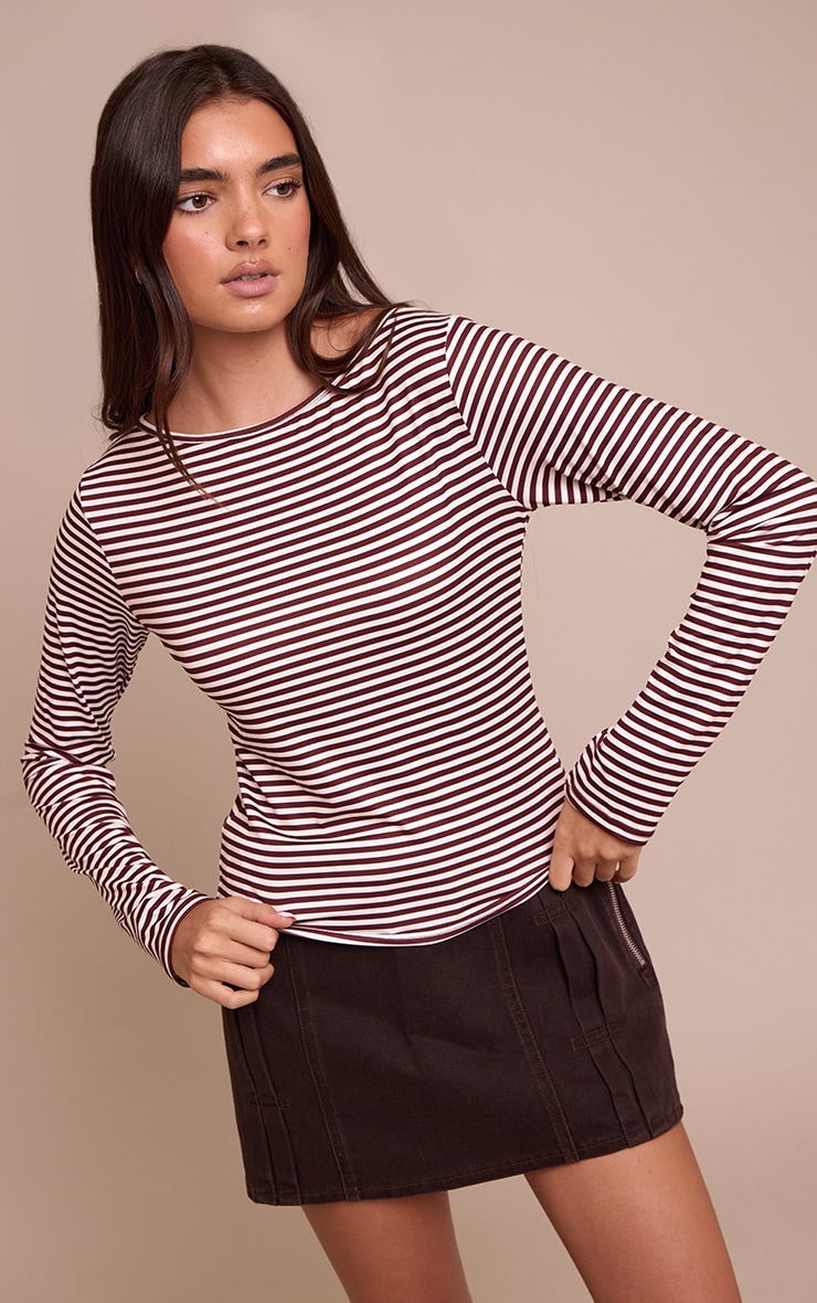 Burgundy Stripe Boat Neck Long Sleeve Top image 1