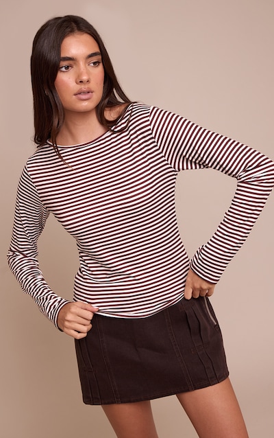 Burgundy Stripe Boat Neck Long Sleeve Top