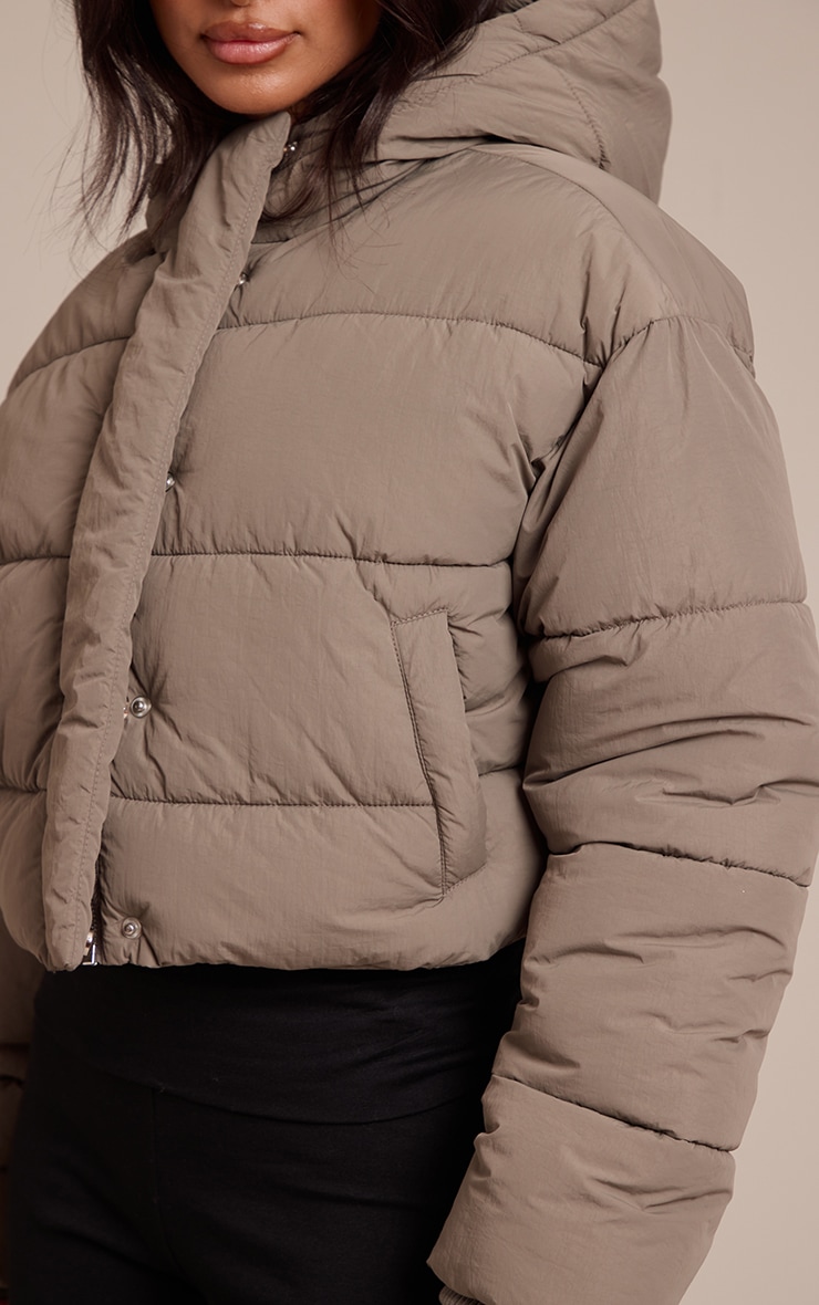 Petite Taupe Cropped Drawstring Puffer Jacket image 4