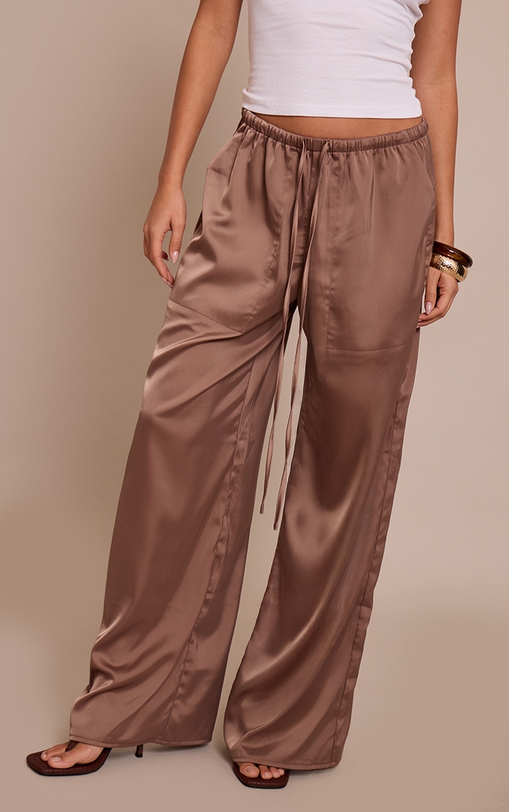 Mushroom Satin Low Rise Wide Leg Drawstring Pants image 2