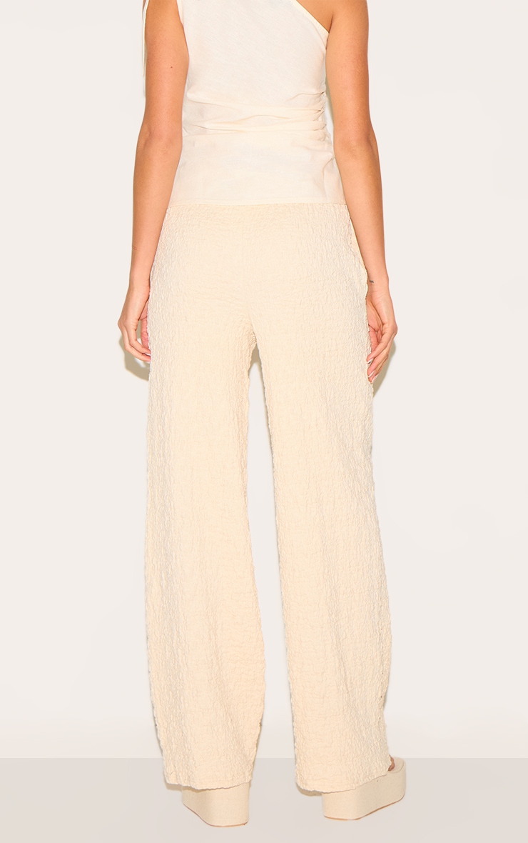 Cream Textured Jersey Drawstring Waist Wide Leg Pants image 3