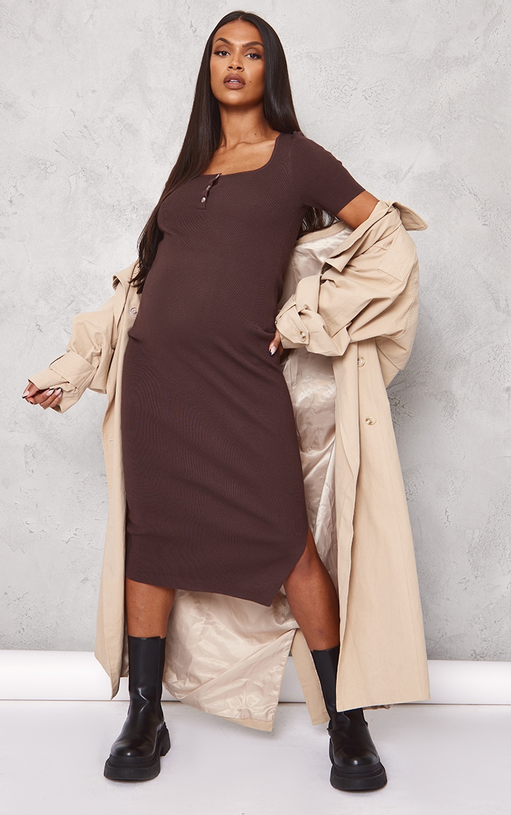  Maternity Chocolate Soft Knit Button Midi Dress image 1