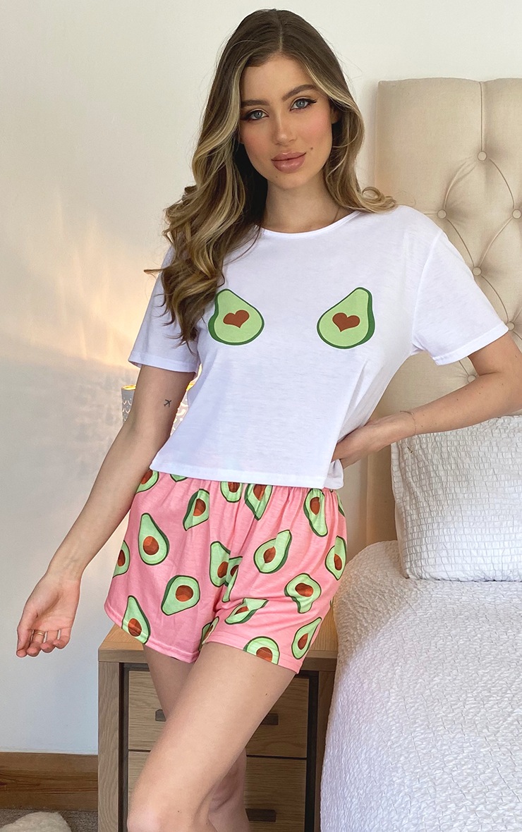 White Avocado Heart Printed Shorts Pj Set