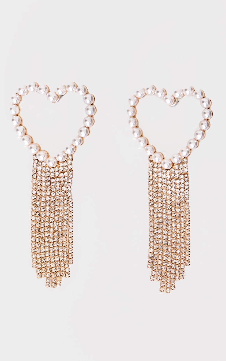 Gold Pearl Heart Diamante Tassel Statement Earrings image 2