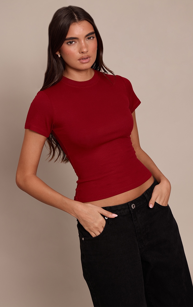 Deep Red Soft Rib Crew Neck Short Sleeve Top image 1