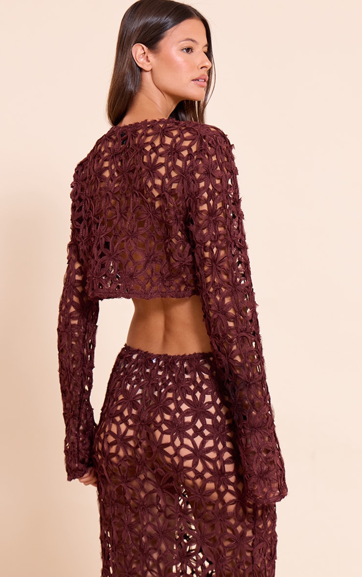 Dark Brown Textured Floral Button Cropped Top image 2