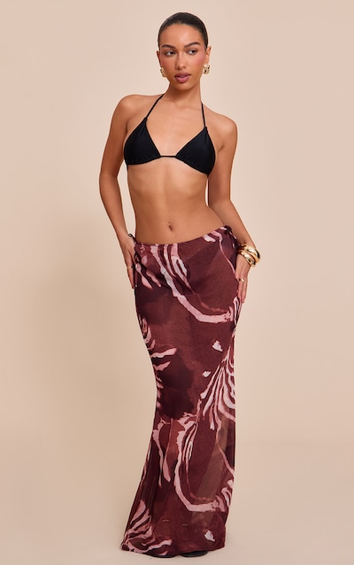 Brown Abstract Print Sheer Low Rise Maxi Skirt