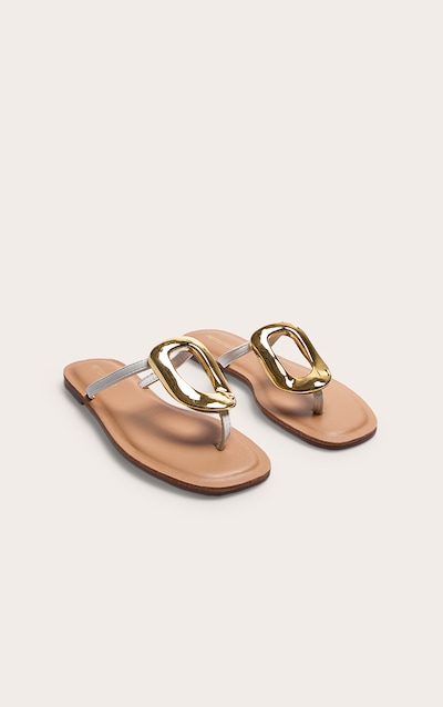 White Pu Square Toe Thong Trim Detail Resin Sole Flat Sandals