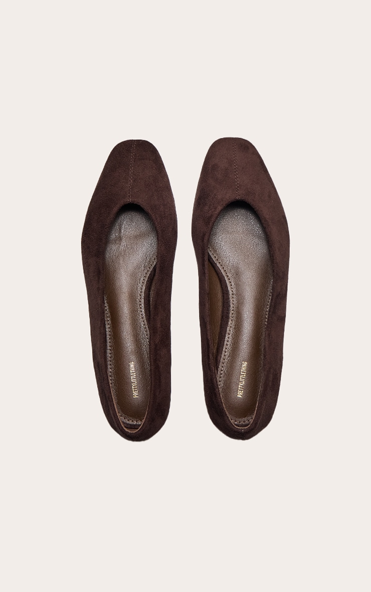 Chocolate Faux Suede Square Toe Seam Detail Ballet Flats image 2