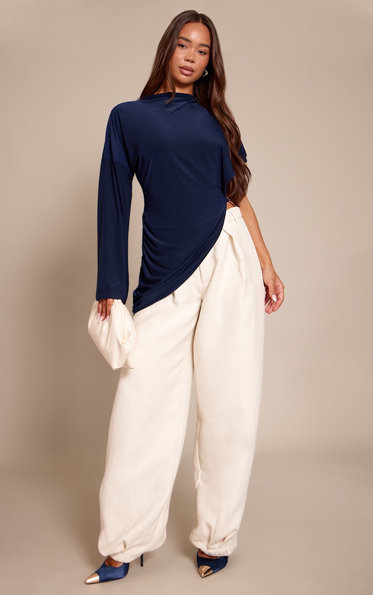 Navy Double Layer Slinky Oversized Drape Detail Long Sleeve Top image 3